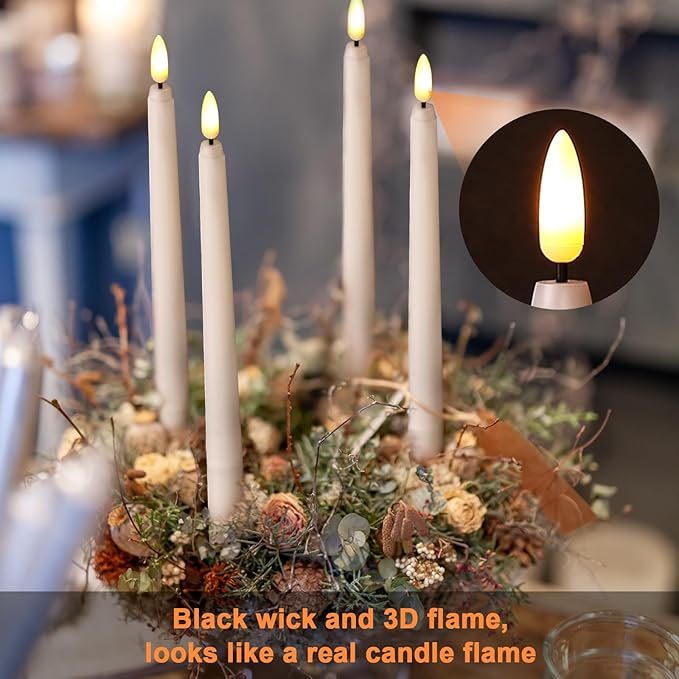 IMAGE Rechargeable Flameless Taper Candles with Remote, 12 Pcs LED Candlesticks 3D Wick Ivory Taper with Timer Flickering Function for Home, Wedding, Birthday Halloween Christmas Church, Warm White