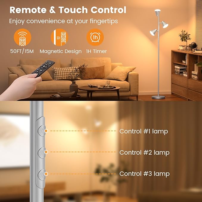 36W LED Tree Floor Lamp, Dimmable Tall Standing Lamp with Remote & Touch Control, 4 Color Temperatures Bright Floor Lamp, 3 Rotatable Light Modern Floor Lamps for Living Room Bedroom Office