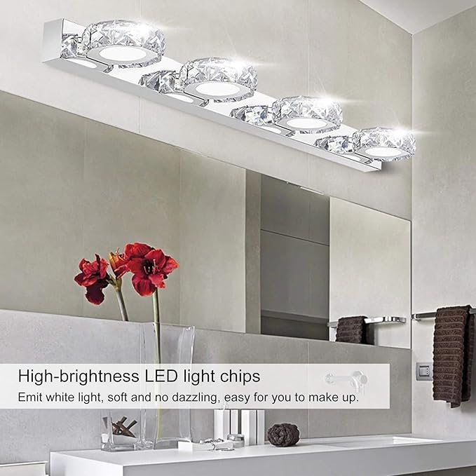 Waterproof LED Mirror Front Light, Round Bathroom Makeup Lights, 16W 85-265V, Stainless Steel and Crystal - Soft Eye Protection, Energy Saving, Ideal for Dressing Table