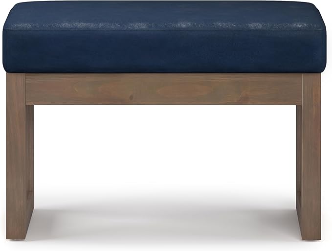 SIMPLIHOME Milltown Small Ottoman Bench - 27 inch Wide Upholstered Vegan Leather Rectangle Footstool Ottoman in Distressed Dark Blue, Contemporary Bench for Bedroom with Cushioned Seat, Assembled