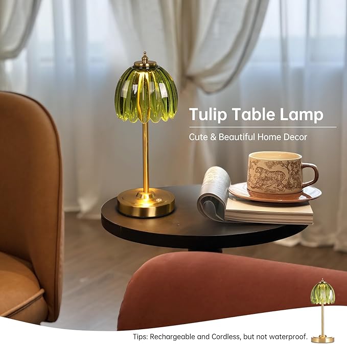 Tulip Table Lamp with 5000mAh Battery & Touch Control, Cordless Table Lamp with 3 Colors, Dimmable Rechargeable Table Lamps for Bedroom, Nightstand, Living Room, Entryways (Green Tulip)