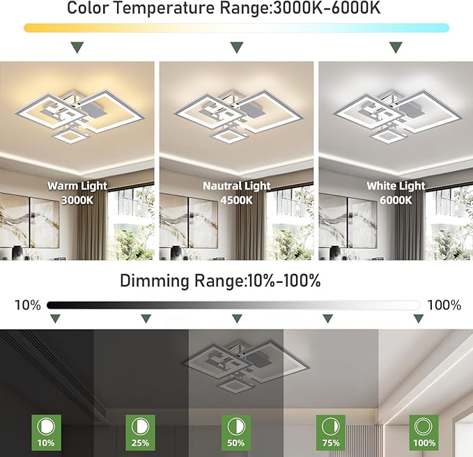 Modern Chrome Led Ceiling Light 3-Square Design 3000K-6500K Dimmable LED Ceiling Light with Remote 33W Acrylic Ceiling Lighting Fixture for Bedroom Kitchen Dining Room Office Lamps