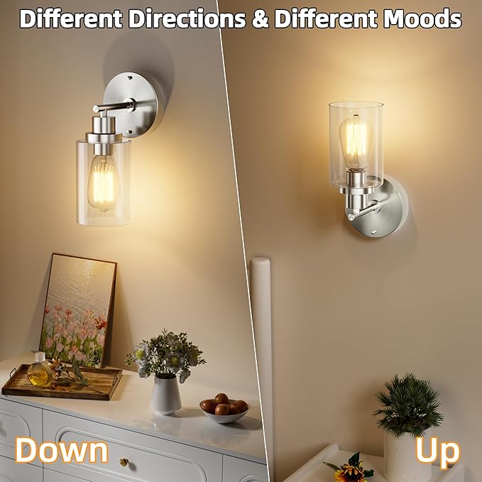 GORDNWE Set of 2 Bathroom Wall Sconce, Brushed Nickel Vanity Light, Modern Wall Light Fixture with Clear Glass Shade and E26 Bulb Base, Wall Lamp Wall Mount Light Fixtures for Mirror, Bedroom