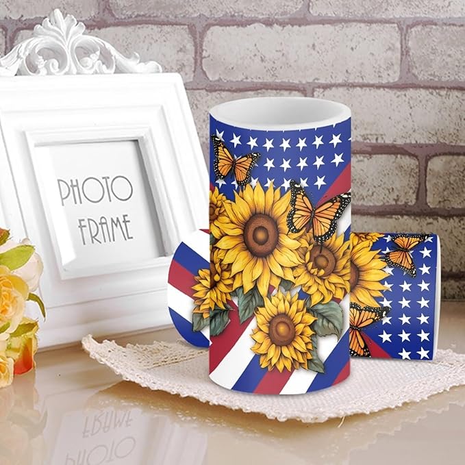 Independence Decorations Indoor Candles with Butterfly Sunflower American Flag Flameless Candles with Remote and Timer Set of 2 Battery Operated LED Candles for Festival Gift Home Room Decor