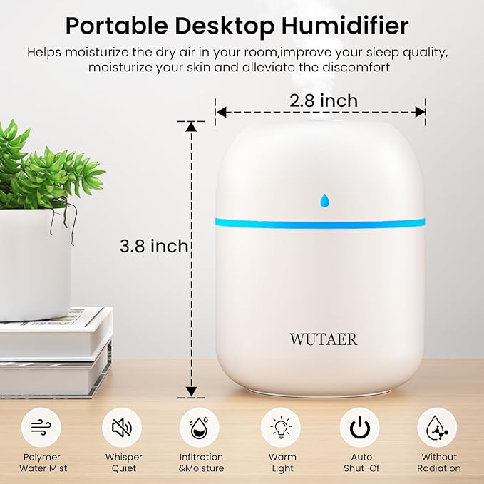 Portable Small Humidifier, WUTAER USB Personal Desktop Humidifier for Car, Office Room, Bedroom, Auto Shut-Off, 2 Mist Modes, Super Quiet(220ml, White)
