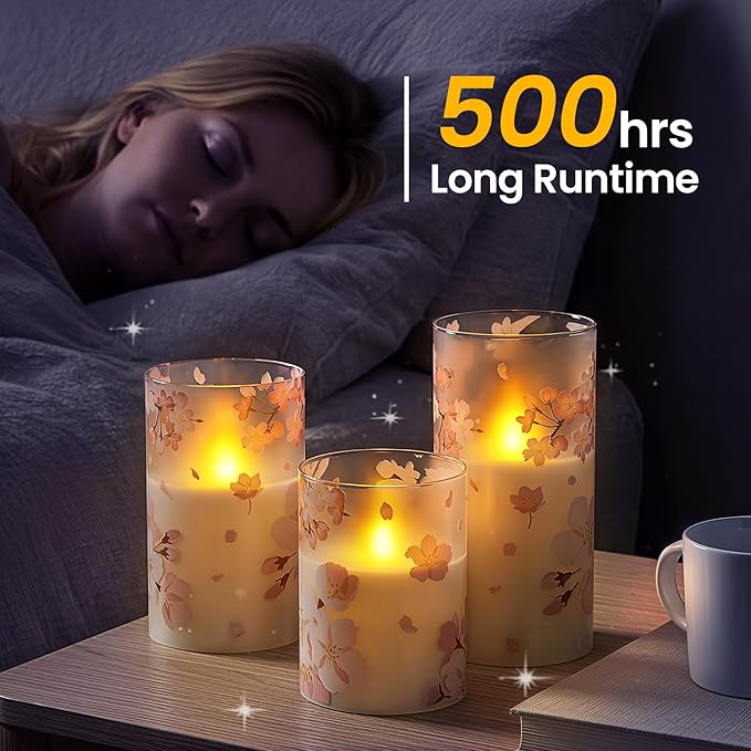 Pack of 3 Flameless Daily Timer Flickering Real Wax Pillar Candles, 3" x 4" 5" 6" LED Battery Operated Pink Cherry Blossoms Glass Warm Light with Remote Control
