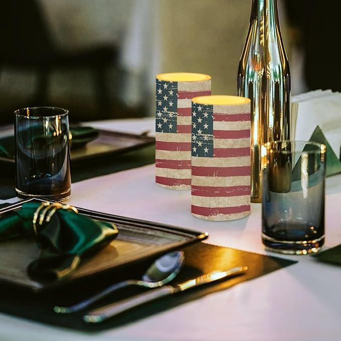 American Flag Flameless Candles 2 Pack 6 x 3 inch Battery Operated Candles with Multicolor Timer Remote Control LED Fake Candles for Warm Light Dinner Table Home Decor Gifts for Veterans