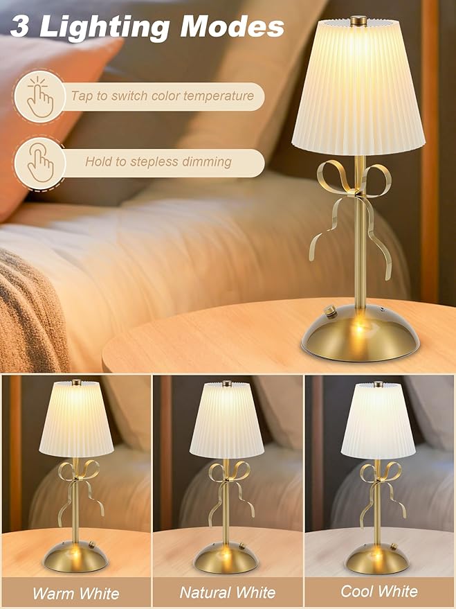 2 Pack Cordless Table Lamp,Small Gold Bow Night Light,LED Rechargeable Reading Lights,3 Color Stepless Dimmable Touch Control Bedside Lamp,Bedroom Living Room Bar Desk Lamp Home Decor Ambient Lighting