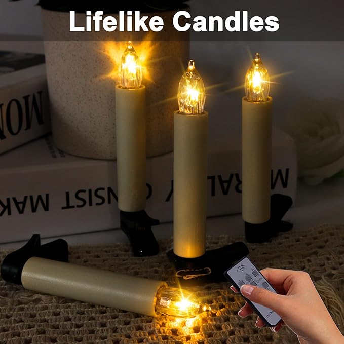 LED Christmas Candles, Flickering Clip on Candles for Christmas Tree, Battery Operated with Remote Timer, Warm White Light, Flameless Taper Candle for Home Christmas Decor, Set of 30