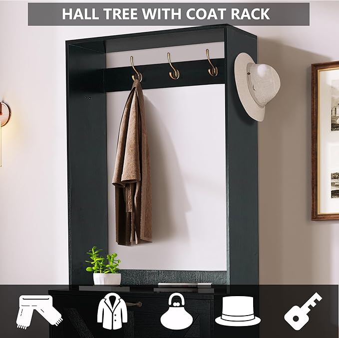 Betoko Hall Tree with Shoes Storage,Farmhouse Corner Coat Rack with 5 Coat Hooks, Wooden Entryway Tree Cabinet with 2 Shoes Cabinets for Hallway Mudroom, Black