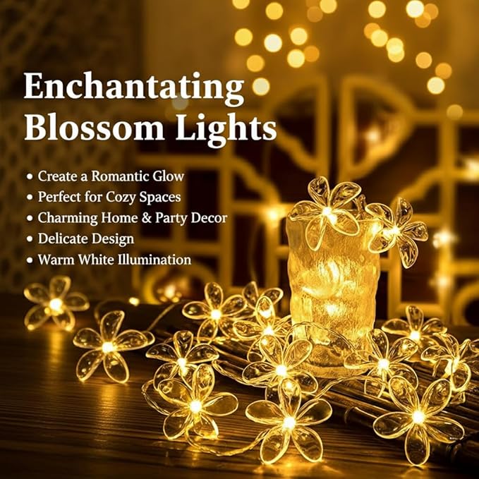 Fielegen 20 LED Cherry Blossom Flower String Lights for Bedroom, 9.84FT Battery Operated Fairy Lights Indoor Decorative Lights for Valentine's Day Home Garden Wedding Party Festival Decor