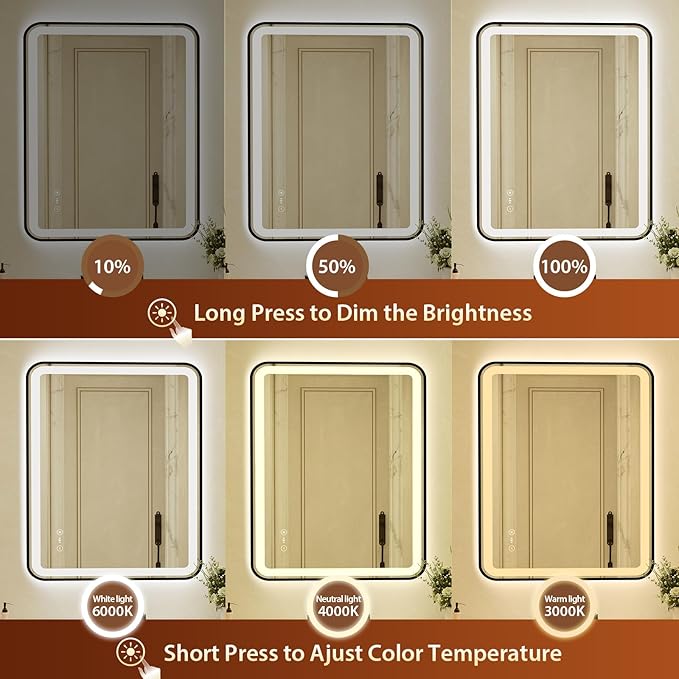 28x40 Inch Black Framed LED Bathroom Mirror with Lights,Smart Bathroom Mirror,Motion Sensor,Tempered Glass,Anti-Fog,Stepless Dimmable & 3 Colors,Memory,Vanity Mirror for Wall