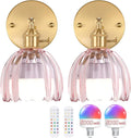 Vintage 5000 mAh Battery Operated Wall Sconce with Pink Clear Tulip Glass Lampshade Rechargeable Battery Powered Wall Light with Remote Control for Bedroom Doorway, Set of 2