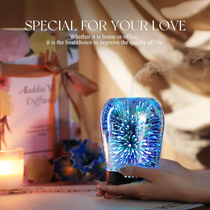 Porseme Essential Oil Diffuser, Aromatherapy Ultrasonic Cool Mist Humidifier, 3D Effect Glass, Auto Shut-Off, Timer Setting,100ml Aroma Decoration for Home, Office, Gym, Spa, Premium Gift