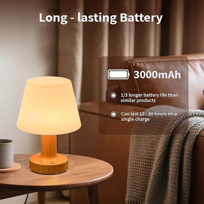 Operated Table Lamp 3000mAh Cordless Rechargeable, Touch Dimmable Desk Lamp, LED Night Light for Patio Camping Restaurant Home, H8.7in, Wood Grain