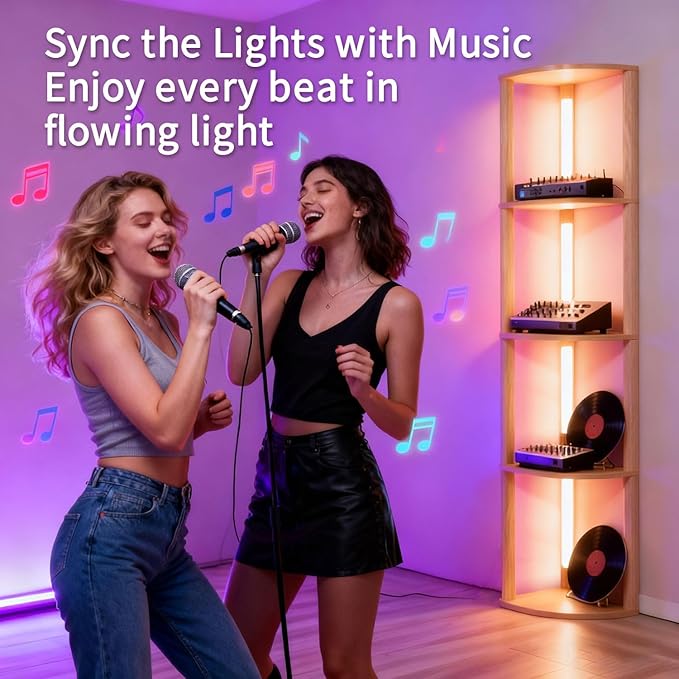 RGBCW Floor Lamp, Smart Modern Floor Lamp with Music Sync, Color Changing Corner Display Shelf Lamp, Standing Lamp with Shelves for Living Room and Bedroom, Office, Whitewashed Oak