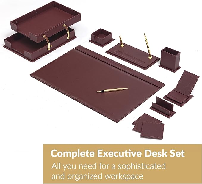 MOOGCO 12-Piece Leather Desk Set — Desk Pad 23.2" x 15.4", Double Document Tray, Pen Holder — Desk Organizer Set for Home Office & Executive Desk Accessories