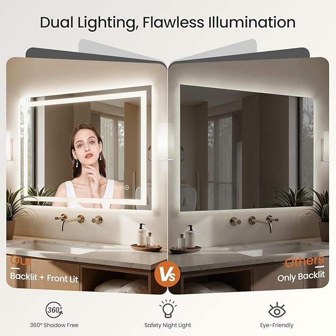 60X30 LED Bathroom Mirror with Lights, Anti-Fog, Dimmable - Lighted Bathroom Vanity Mirror with Front & Back Light, 3 Color Temperatures, Memory Function, Tempered Glass (Horizontal/Vertical)