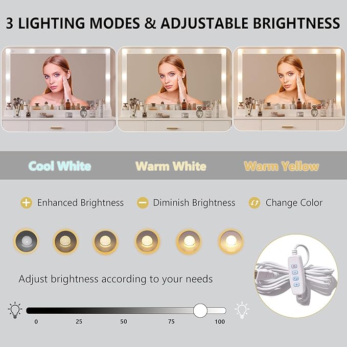 44" Vanity Desk with 38" Large Mirror and 9 LED Lights & Glass Top and Power Outlet, Makeup Vanity Set with 7 Drawers & Chair and RGB Ambient Light, Dressing Table for Bedroom, Modern White