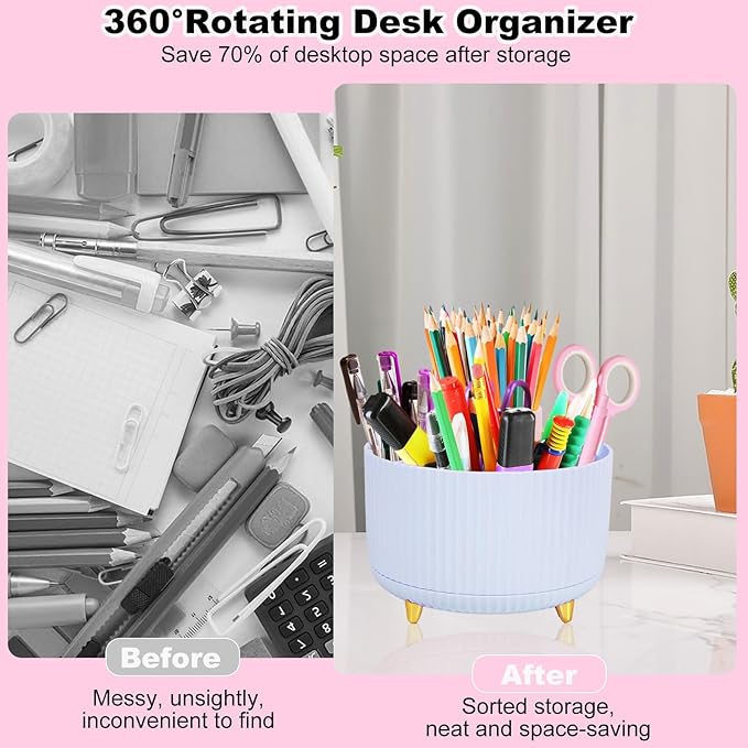 Blue Desk Organizers and Accessories Set with 360-Degree Rotating Pen Holder, Tape Dispenser, Stapler, Staple Remover, 1000 Staples, Tape, Clips Set, Ruler, Scissor, Pen