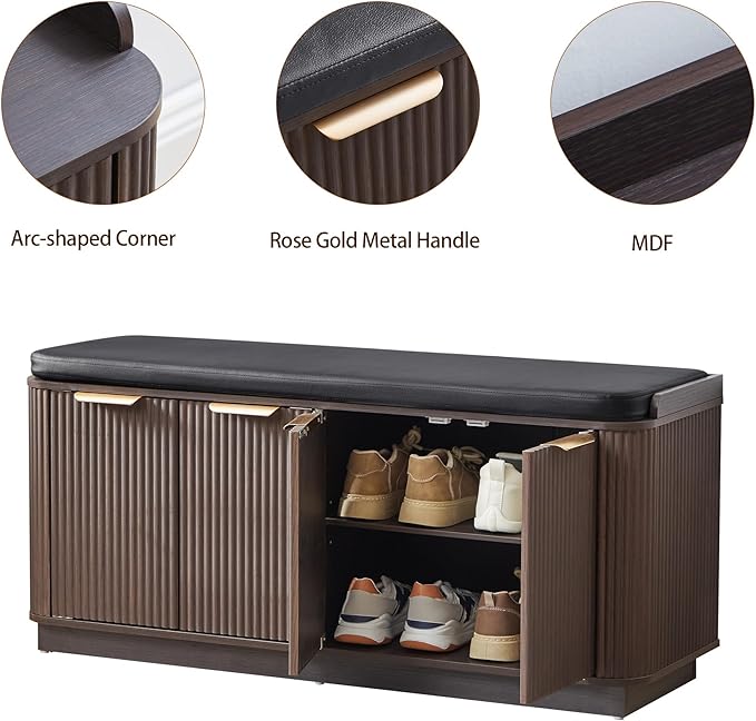 43.3''W Fluted Entryway Shoe Storage Bench with 4 Doors and Adjustable Shelf, 2-Tier Entry Bench Seat with Shoe Storage and Cushion, Shoe Cabinet Bench for End of Bed, Foyer - Espresso