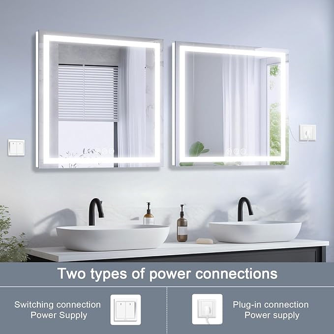 Led Bathroom Mirror with Light 36"x36" Frameless Lighted Vanity Mirror Wall Mount, Fogless, 3 Color Mode, Stepless Dimmable Front Light and Backlit, Smart Touch Sensor, Tempered Glass