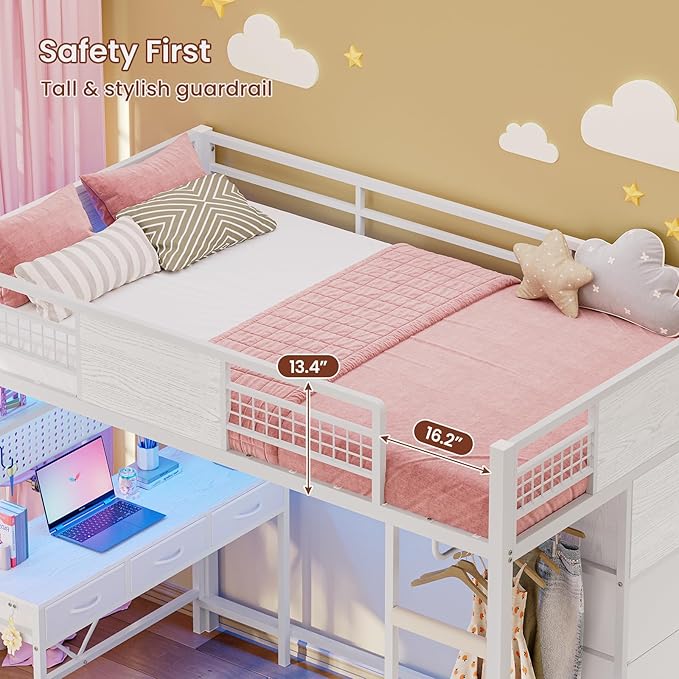 ADORNEVE Twin Size Loft Bed with Desk, 11 Storage Drawers & RGB LED Lights, Metal Loft Bed with Power Outlet, Shelves & Clothing Rack, 13.4" H Safety Guard & Paded Ladder, White