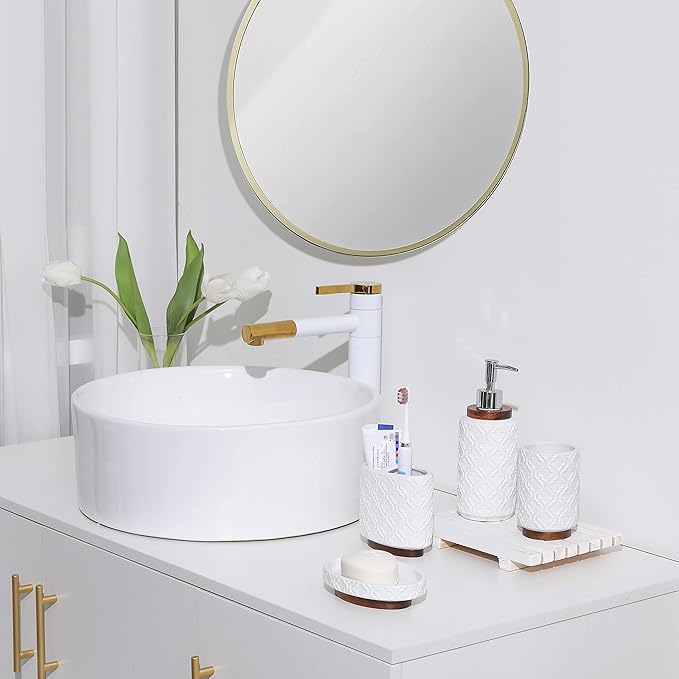 RQYIXI Elegant 4 PCS Ceramic&Wood Bathroom Accessories Set:Soap Dispenser,Toothbrush Holder,Tumbler,Soap Dish,Easy to Clean,Quatrefoil Pattern,White-Affordable Luxury for Home Decor Enthusiasts