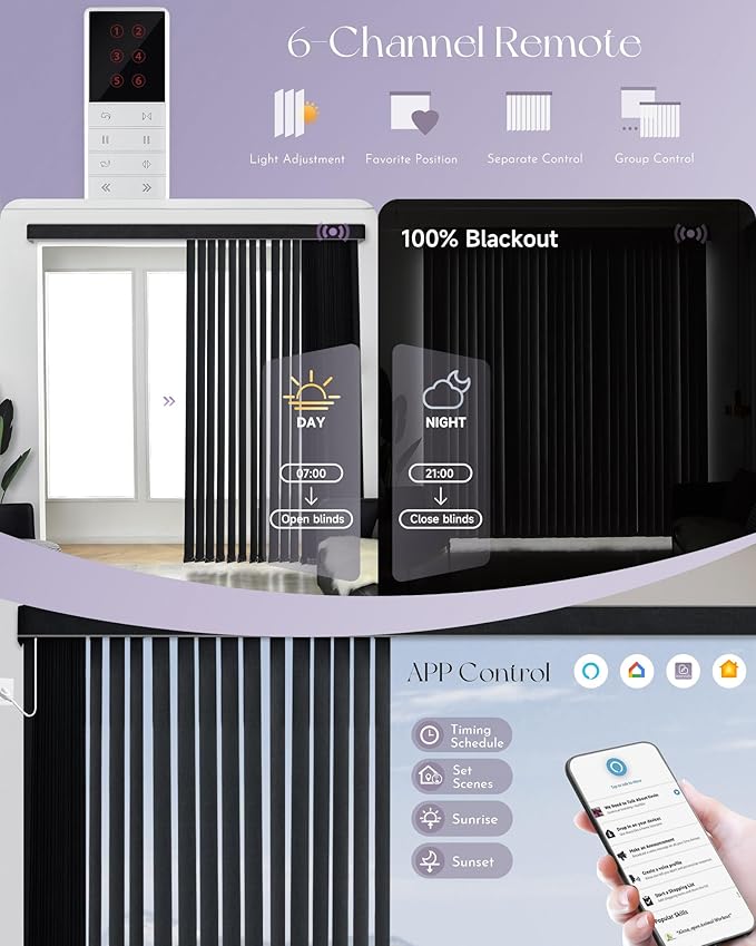Graywind Motorized Vertical Blinds Compatible with Alexa Google Privacy Reversible Blackout Smart Vertical Blind Remote Control Track Slats Set for Home Office (Matt Black)