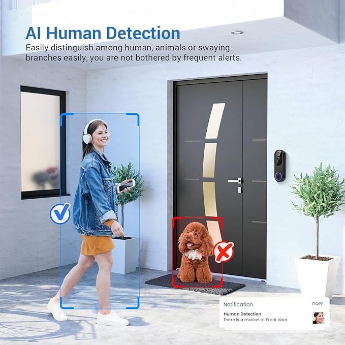 1080P Wireless Video Doorbell Camera, 2.4G WiFi Only, AI Human Detection, Indoor/Outdoor Surveillance Cam, 2-Way Talk, Night Vision, Cloud Storage (Sold Separately)