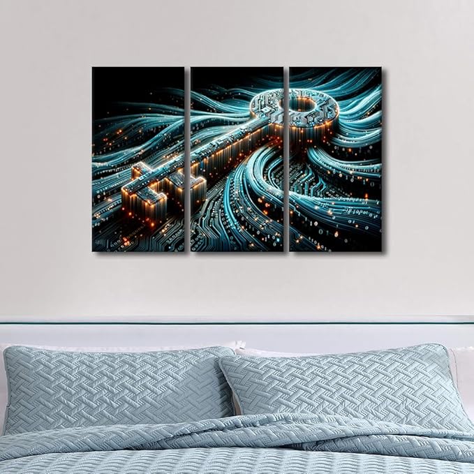 3 Panel Cyber Security Concept with Key on Circuit Board Pictures Print On Canvas Wall Art for Living Room, Concepts Artwork Stretched and Framed Gallery-Wrapped Ready to Hang, 36" Wx24 H
