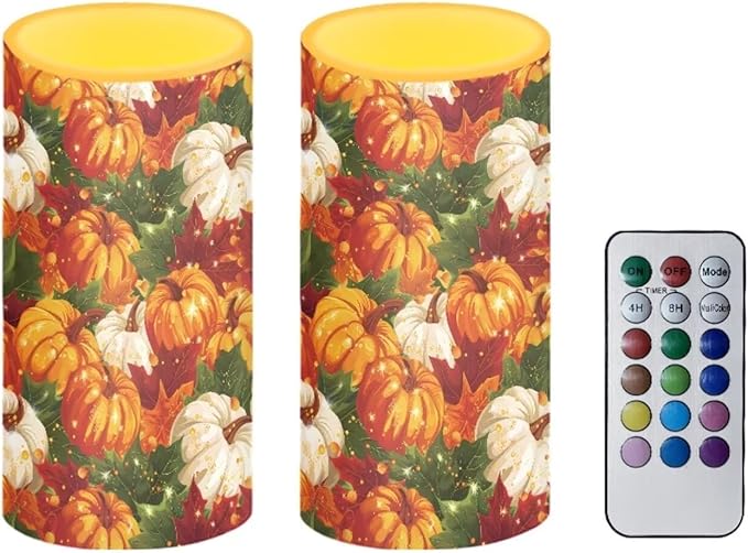 Pumpkin Decorative Battery Operated Candles Fall Flameless Candles with Remote and Timer for Home Decor Indoor LED Candles Flickering Battery Operated Pillar Candles for Thanksgiving Party