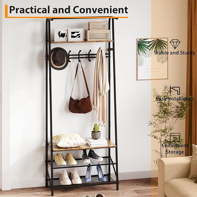 Jojoka 25" Coat Rack, Hall Tree with Shoe Bench and Storage, 4-Tier Shelf with 5 Hooks, Freestanding Metal Entryway Organizer for Hallway, Accent Furniture for Bathroom