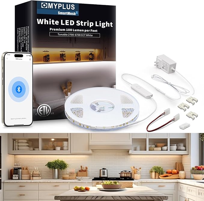 MYPLUS Under Cabinet LED Lights, 16.4ft LED Strip Lights, Tunable Color Temps and Bright 1123 Lumens,Dimmable, 14W, 24V Bluetooth APP Control Rope Lights for Bedroom,Vanity,Cabinet,Kitchen