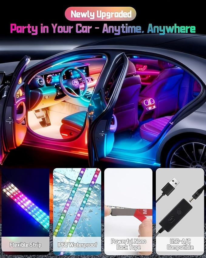 72 LED USB Interior Car Strip Lights Dream Color RGB-IC 12V DC with App RF Remote Control Multicolor Footwell Under Dash Chasing Inside Light Kits Music Sync Mode LED Lights for Cars Truck ATV UTV