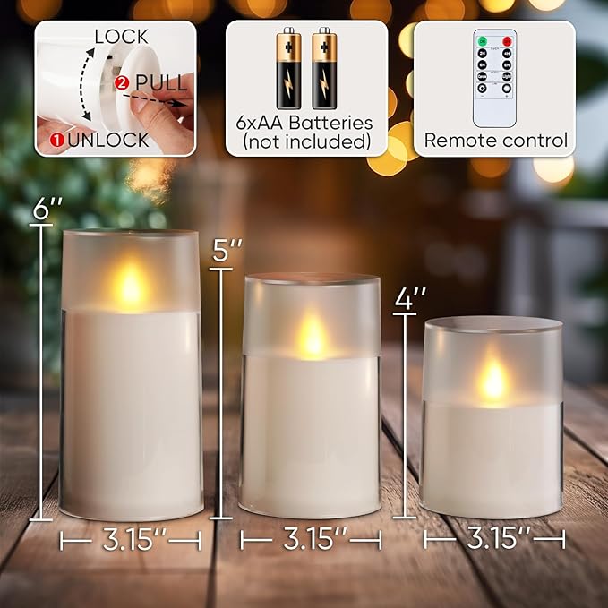 Homemory Flameless Candles Set of 3, White Acrylic LED Candles Upgraded Realistic Battery Operated Flames with Remote & Timer, Waterproof for Indoor,Outdoor Decor, Halloween & Christmas Lanterns