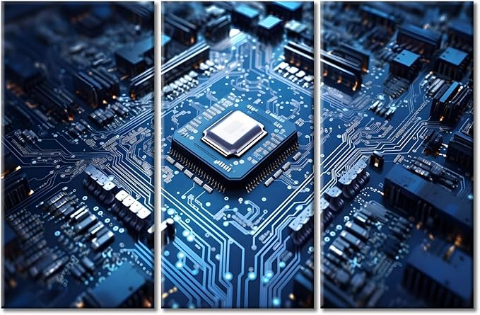 Rebotipy Technology Blue AI Wall Art Painting on Canvas 3 Panels Circuit Board Pictures Bedroom Wall Art Modern Home Decor Chip House Decorations for Living Room Stretched on Wooden Frame, 60" Wx40 H