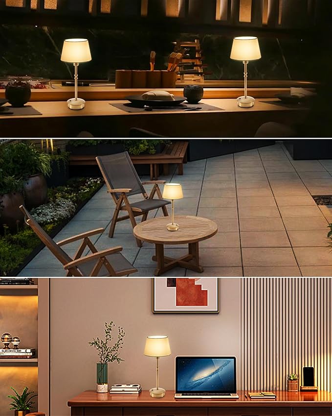 UMEXUS Small Cordless Lamp Rechargeable Table Lamps Set of 2, Dimmable Battery Operated Lights, Portable Accent Light for Side Table Restaurant Dining Outdoor, Blue Fabric Shade, Antique Brass