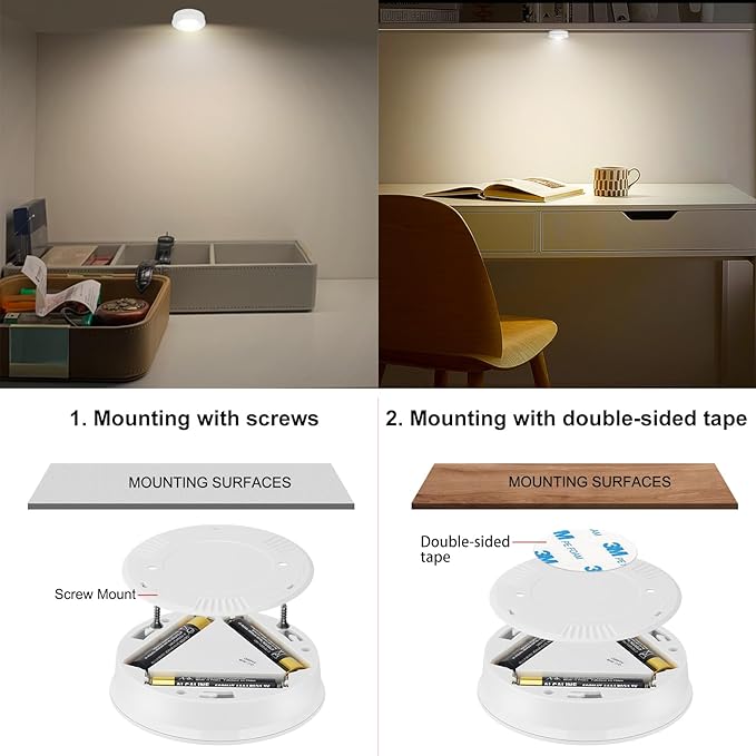 Wireless LED Puck Lights, Touch Activated Tap Ligh Push Light,Battery Operated Stick On Lights for Under Cabinet, Kitchen, Closet & Counters, 6-Pack, White (3 AAA Batteries Included)