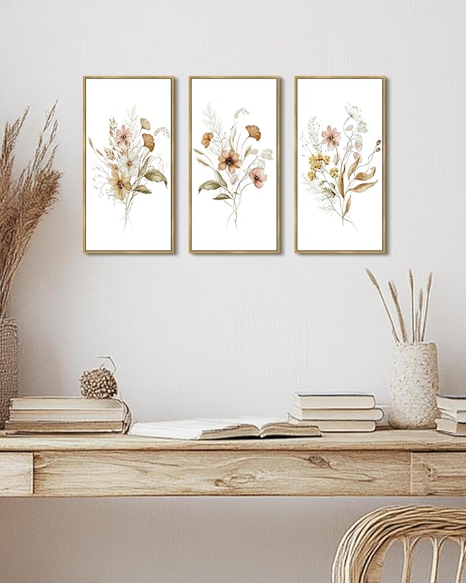 KUVIOKE Floral Wall Decor Colorful Bouquet Wall Decor Botanical Pictures for Office Dining Room Hallway Wall Art 8x16in3pcs Natural Framed