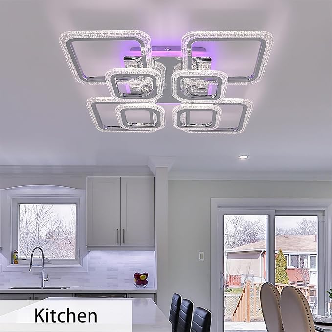 STCH Modern LED Ceiling Light Dimmable,23.6” Flush Mount Ceiling Light,8 Squares Chrome Acrylic Remote Control Chandelier Lighting Fixture for Living Room Office Dining Room Kitchen Bedroom,100W