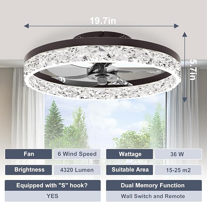VOLISUN Modern Ceiling Fans with Lights and Remote, 19.7in Low Profile Ceiling Fan Flush Mount, 3000K-6500K Dimmable Bladeless LED Fan Light, Brown Fandelier Ceiling Fans with Lights for Bedroom