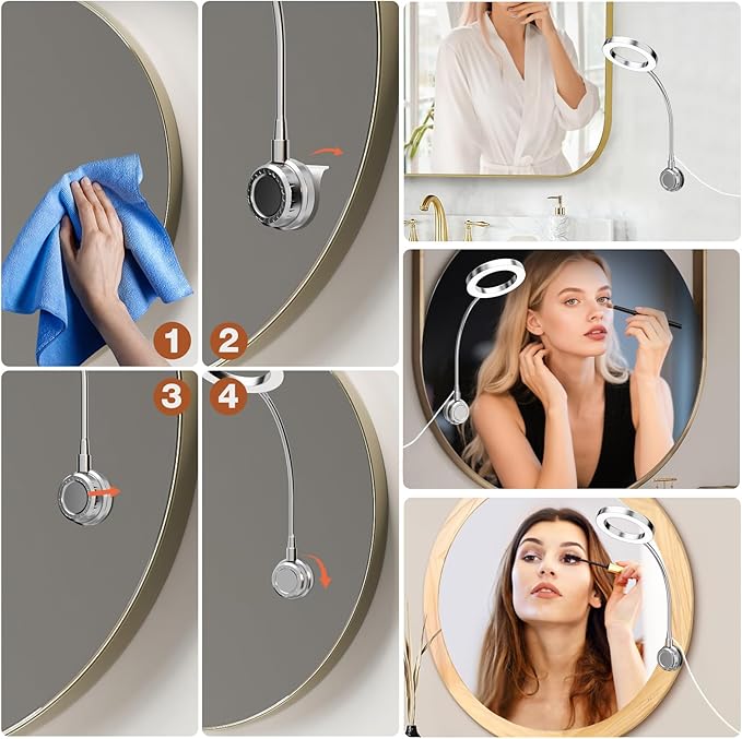 Suction Cup LED Vantiy Lights for Mirror, Flexible Gooseneck Stick on Selfie Ring Light for Makeup Vanity Table & Bathroom Mirror, 3 Color Modes & 10 Brightness, Plug in, Silver