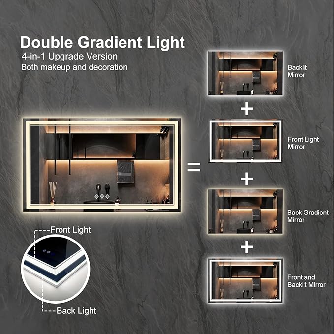 Lighted Vanity Mirror, 60x36 Inch Gradient Front and Backlit LED Mirror for Bathroom, 3 Colors Dimmable CRI>90 Double Lights, Enhanced Anti-Fog, Hanging Plates Wall Mount LED Light Mirror