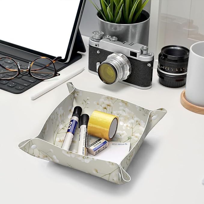 Tiny White Flowers Clusters Minimal Leaves Valet Tray Leather Portable Tray Desktop Storage Organizer Bedside for Men Women Jewelry Keys Coin Candy Sundries