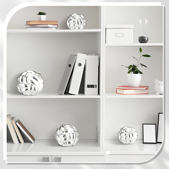 Wenqik Silver 3 Pcs Knot Decor, Chain Link Coffee Table Bookshelf Decor Accents, Entry Table Ceramic Aesthetic Minimalist Decorative Objects for Modern Home Living Room Decoration 3 Sizes