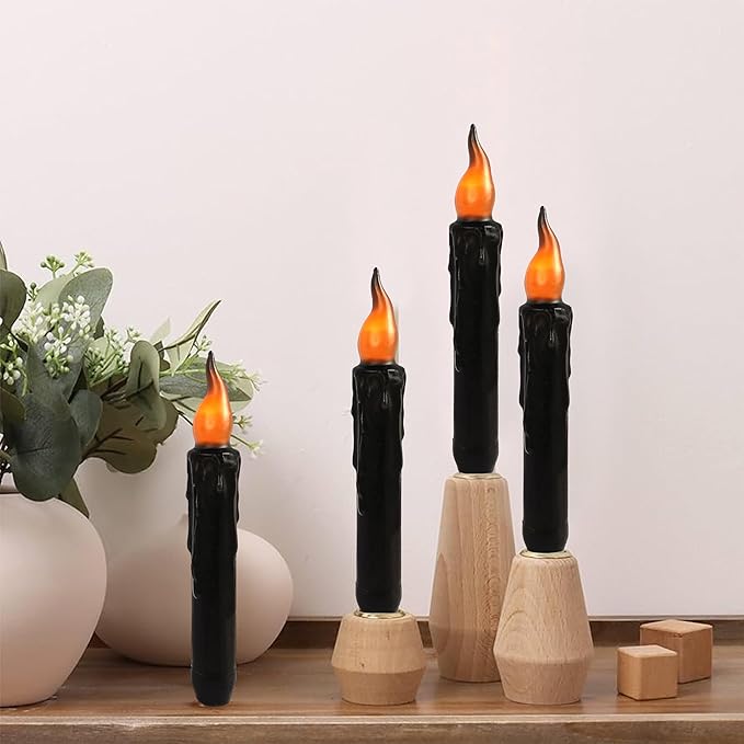 Black Flameless Short Taper Candles, Real Wax Hand Dipped LED Battery Operated with Remote, Flickering Flame Lights for Festival Party Home Décor, 6.7 Inch Primitive Flameless Candles, 4PCS
