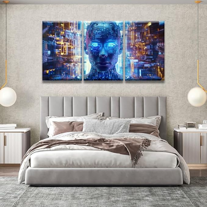 LSIUHWUWI Artificial Intelligence, Cyber Security Pictures for Bedroom Wall Decor 3 Panel Wall Art Print on Canvas Posters and Prints Wall Hanging Decor Frame Artwork Ready to Hang 16x24inchx3