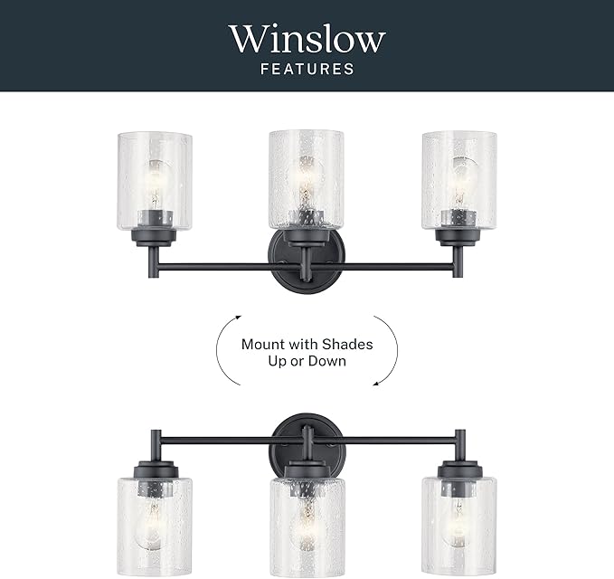 Kichler Winslow 21.5” Vanity Light in Black with Clear Seeded Glass, 3-Light Modern Bathroom Lighting Fixture, 45886BK