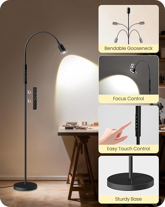 Reading Floor Lamp, 74.2" Tall LED Lamp, with 360° Flexible Gooseneck & Touch & Remote Control, Ajustable Color & Beam, Crafts Standing Lamp, for Reading, Task Craft, Living, Black WB16LD05
